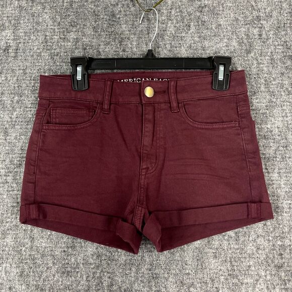 American Eagle‎ Shorts Womens 4 Hi-Rise Shortie Super Stretch Maroon Cuffed - Picture 1 of 10